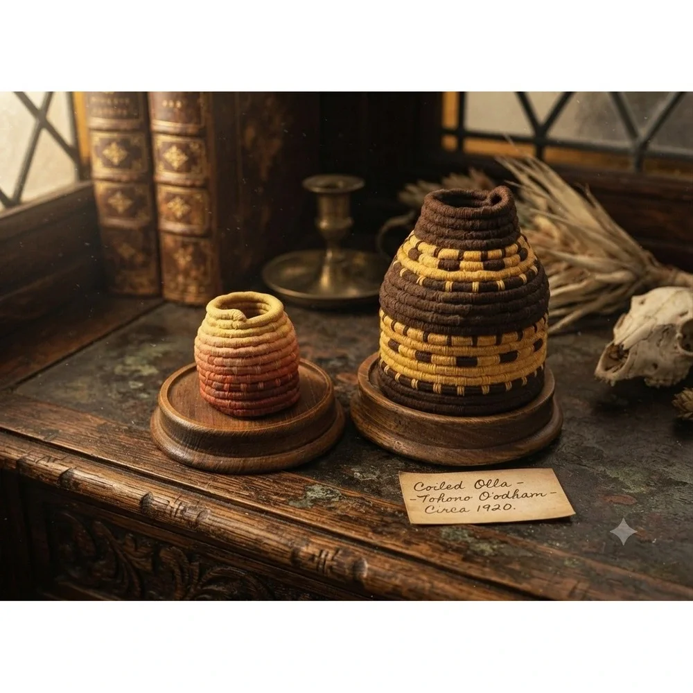 Vintage Tohono O'odham Coiled Olla Baskets Circa 1920 Native American Set of 2
